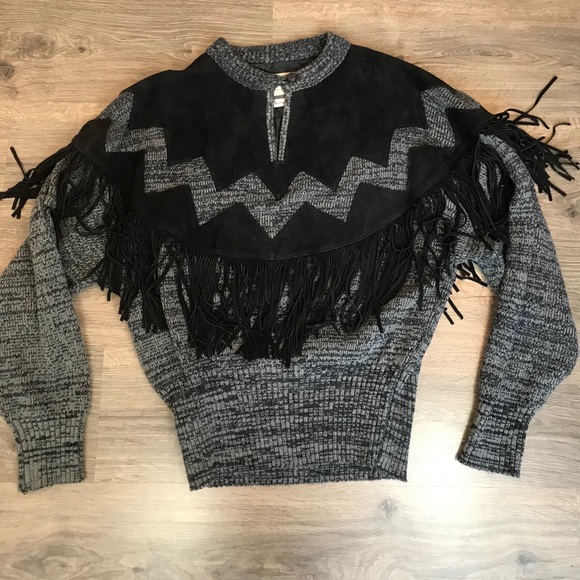 Vtg Pioneer wear sweater suede fringe leather country weatern - Picture 4 of 8